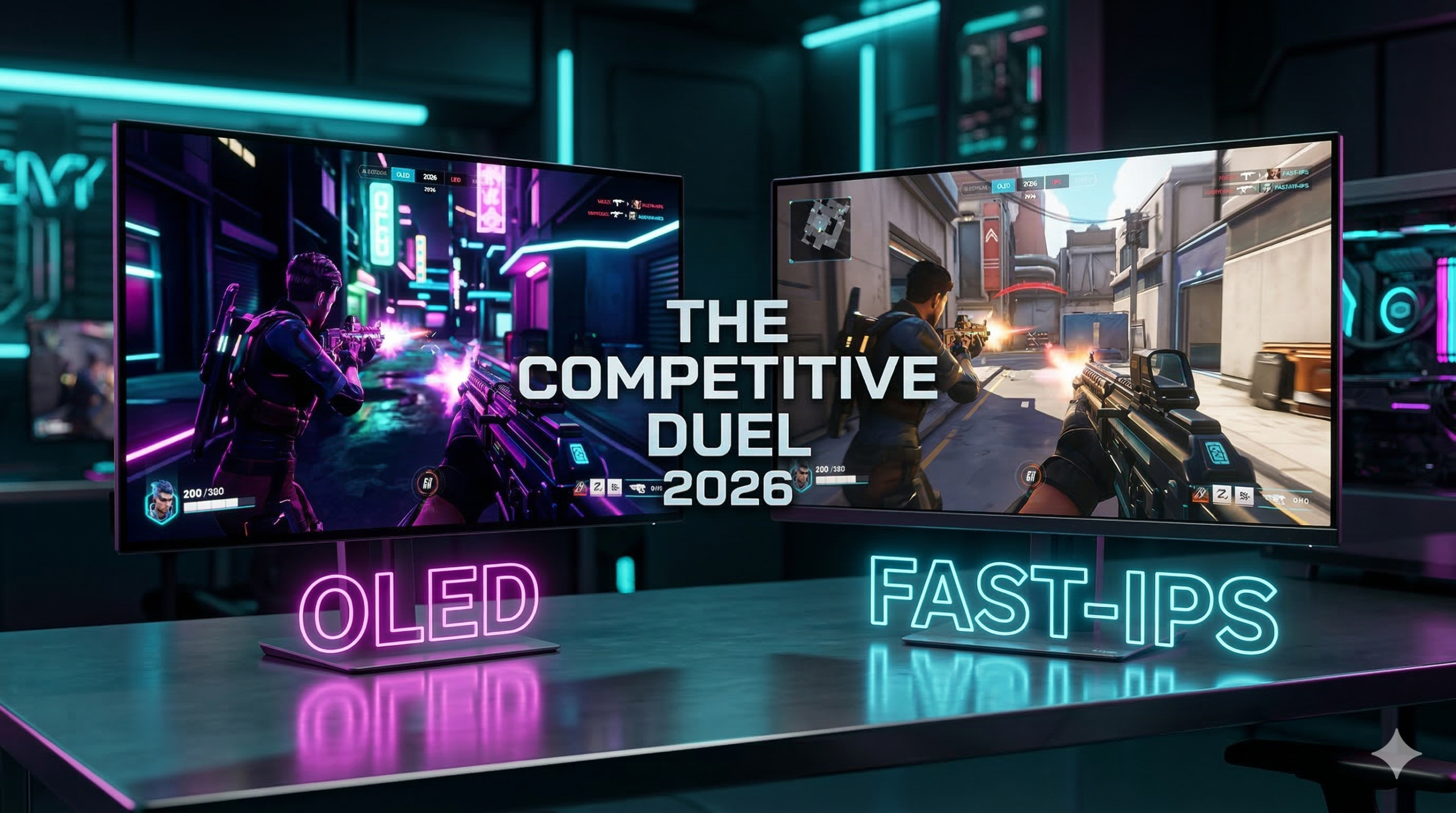OLED vs Fast-IPS en 2026 : Le duel des écrans pour la compétition. image confrontant deux style jeux vidéo synatroze